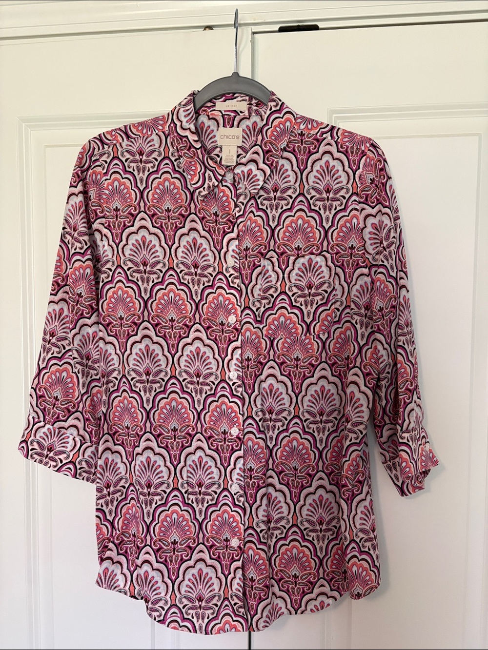 Chico's No-Iron Linen Pink & White Patterned 3/4 Length Sleeve Shirt-Size 1 (M)